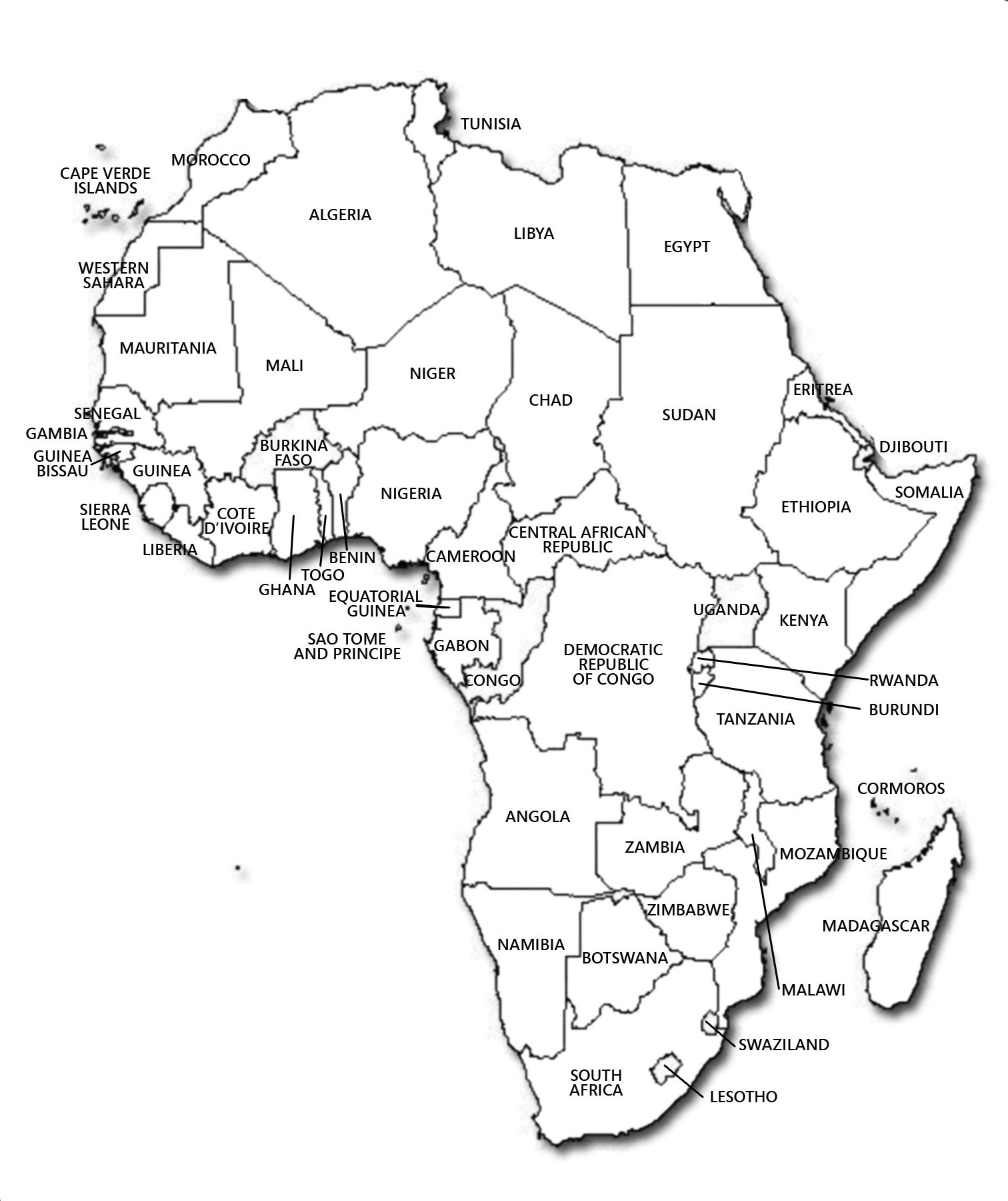 Большая подробная контурная политическая карта Африки. Африка – большаядетальная контурная политическая карта