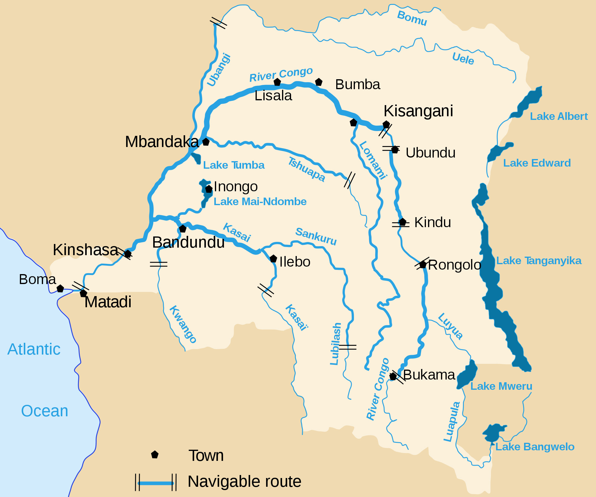 Демократическая Республика Конго подробная карта рек и озер Auto