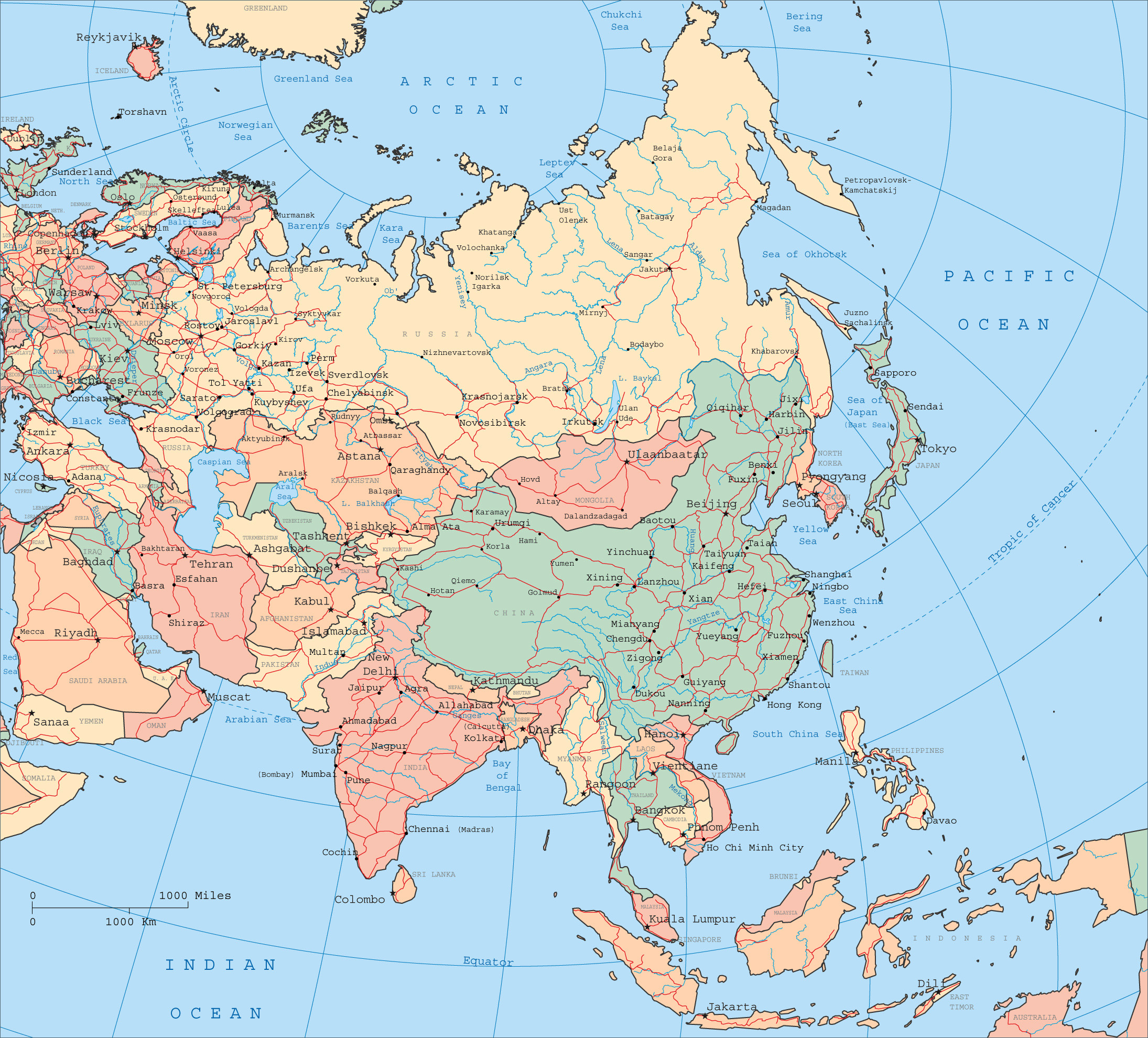 Большая подробная политическая карта Азии со всеми столицами, крупнымигородами и дорогами