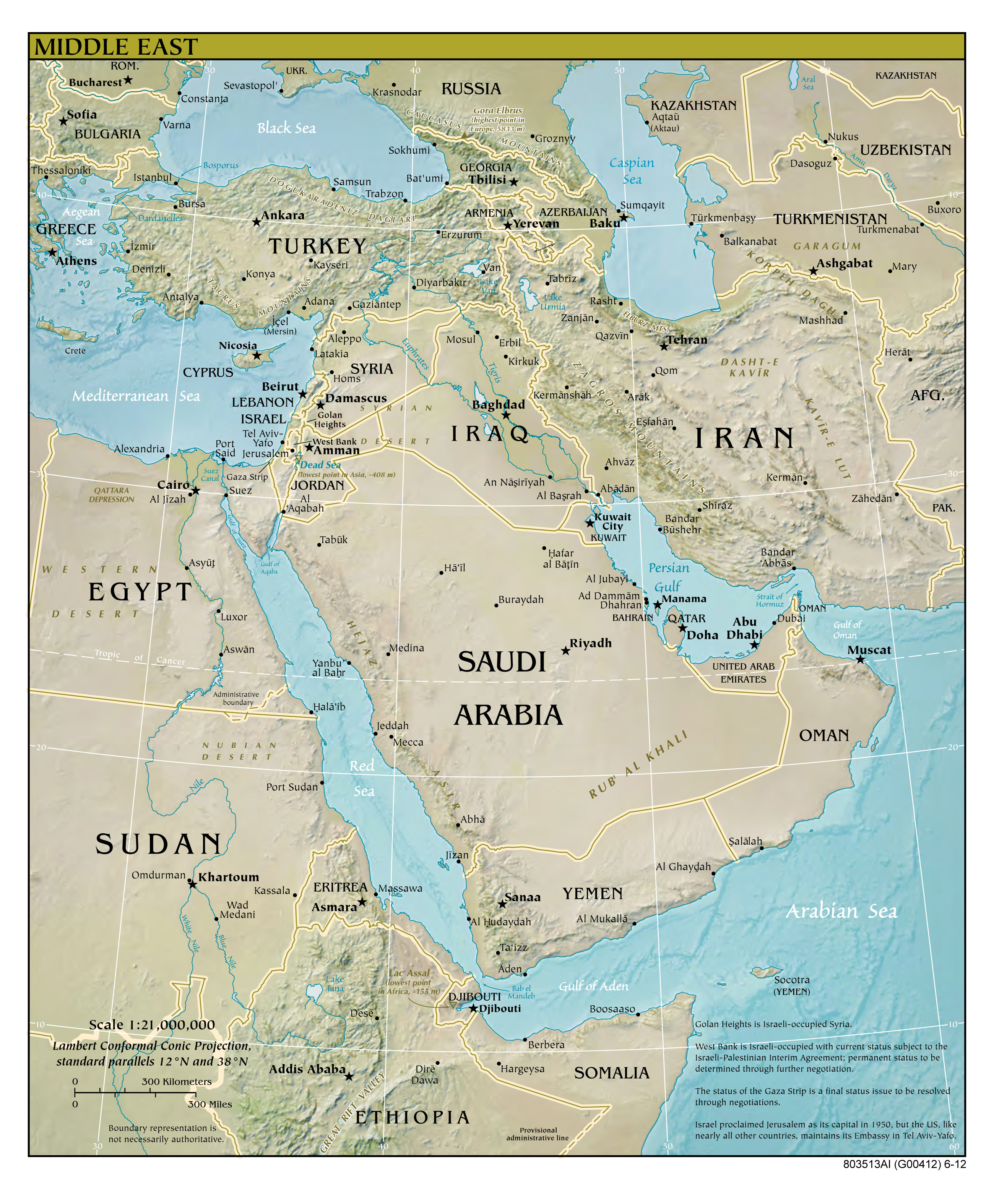 Большая подробная рельефная и политическая карта Ближнего Востока со всемистолицами и крупными городами