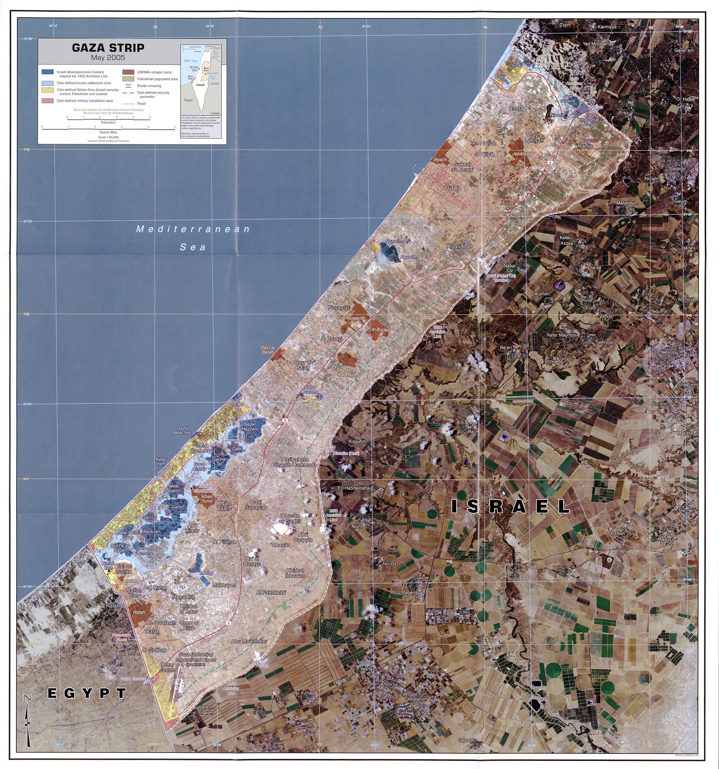Большая подробная автодорожная и спутниковая карта сектора Газа. Сектор Газа– большая детальная автомобильная и спутниковая карта