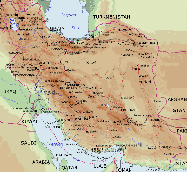 Подробная физическая карта Ирана. Иран – детальная физическая карта