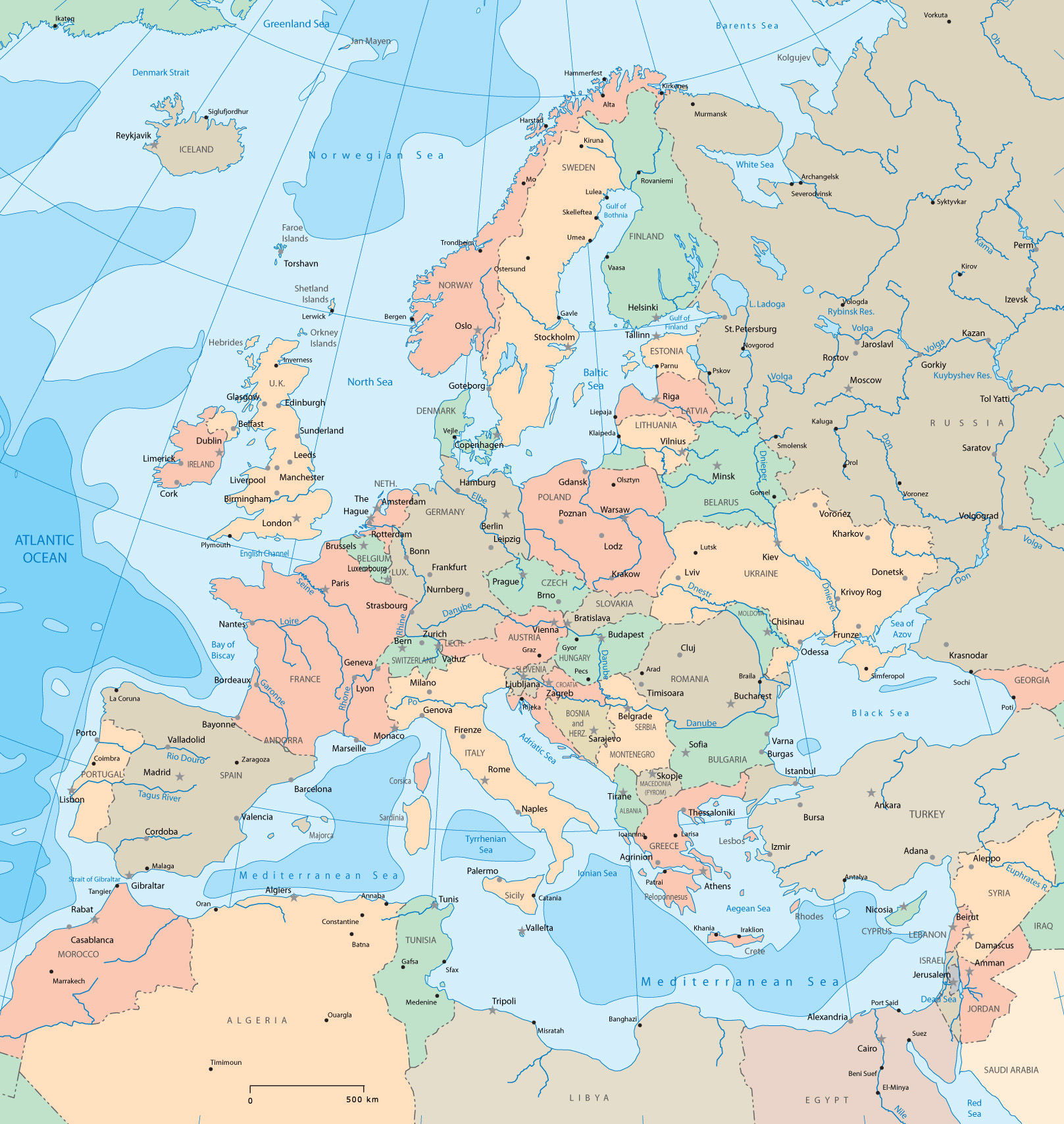 Большая подробная политическая карта Европы. Европа – большая подробная политическаякарта