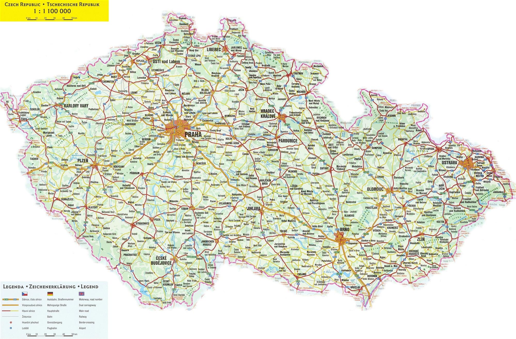 Большая подробная карта автомобильных дорог Чехии с городами. Чехия –большая подробная автодорожная карта с городами