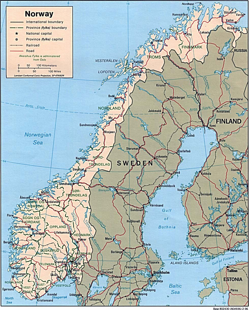 Большая детальная политическая и административная карта Норвеги�� с городами