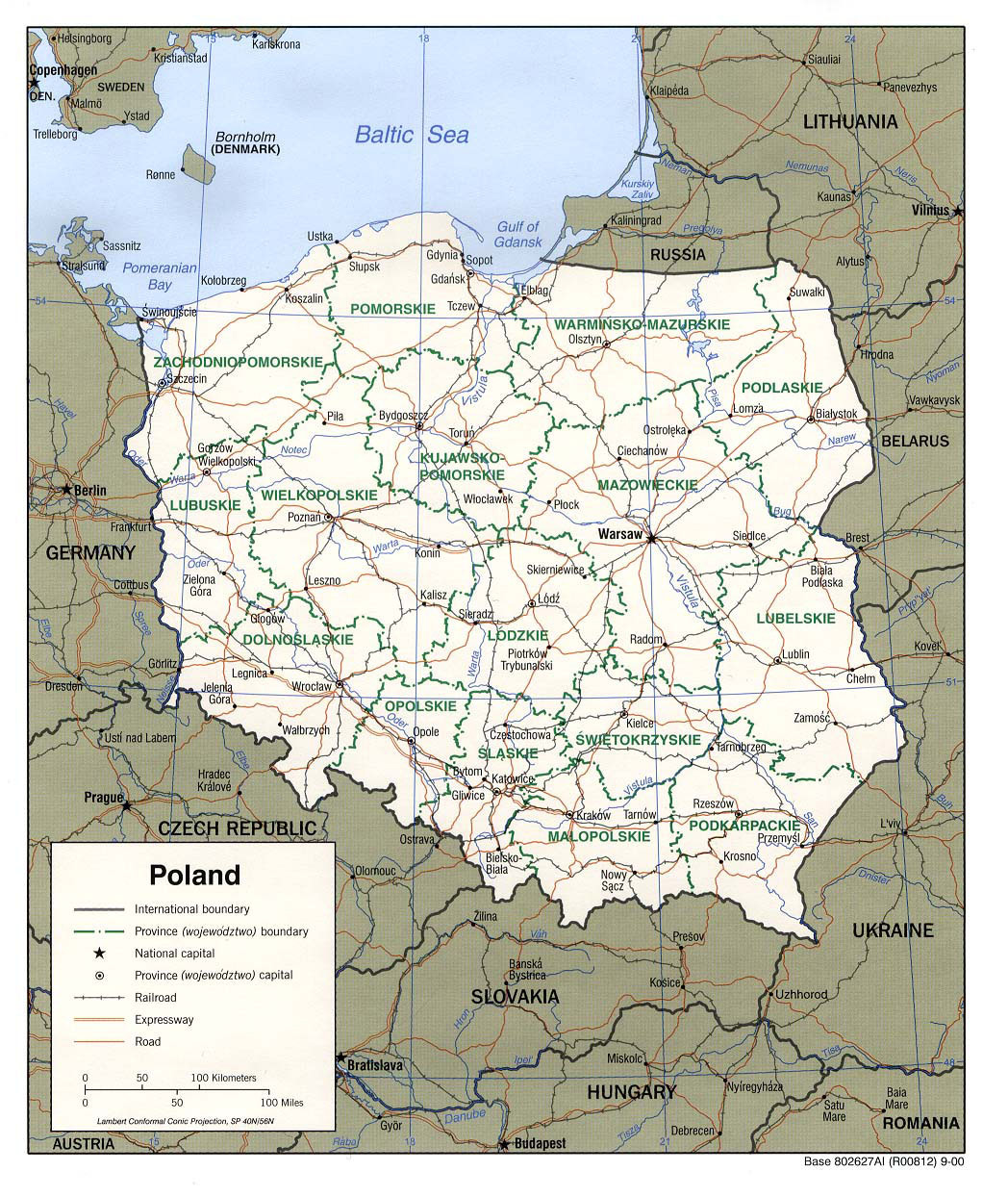 Подробная политическая и административная карта Польши с дорогами и городами