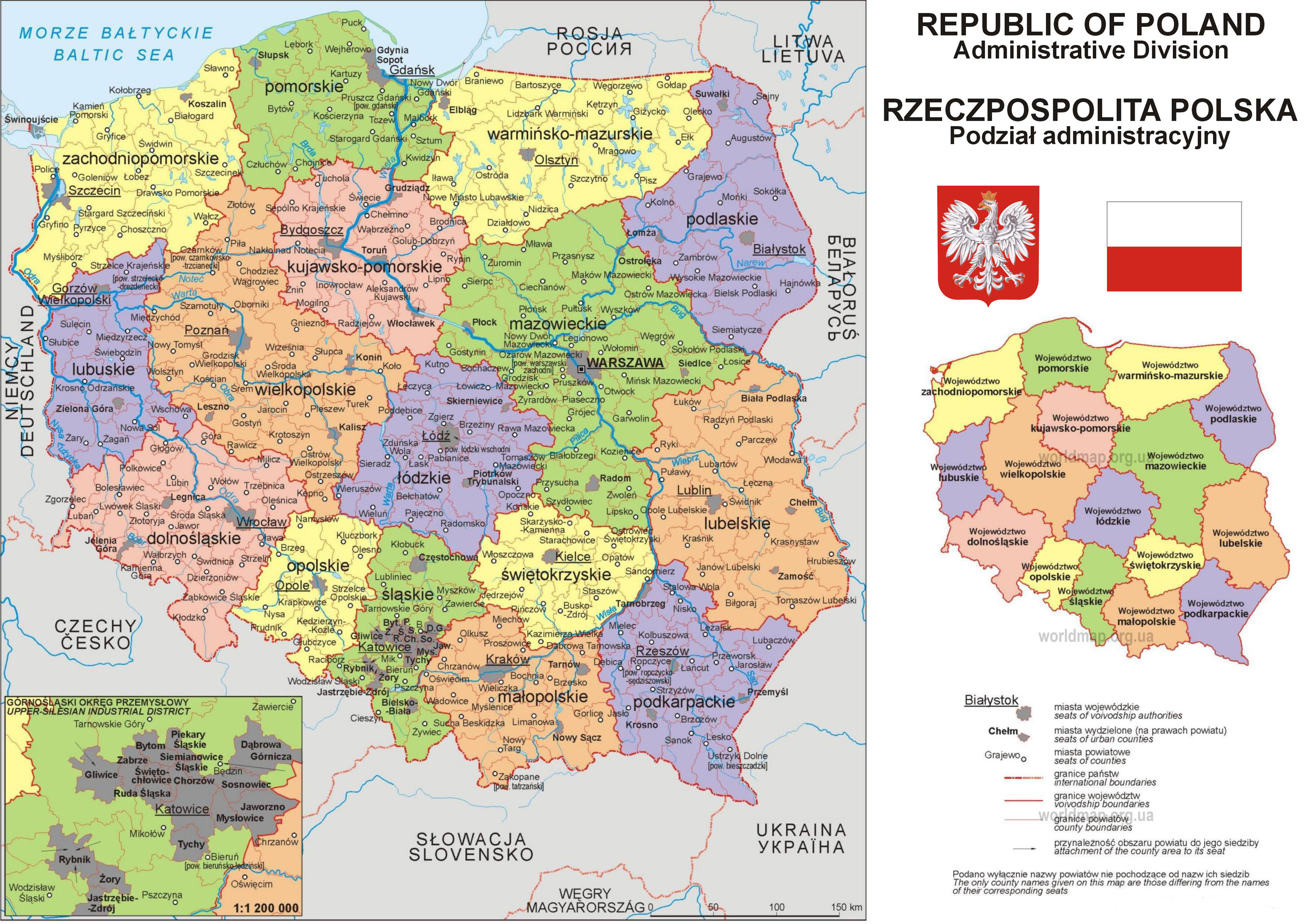 Большая подробная административная и политическая карта Польши с городами
