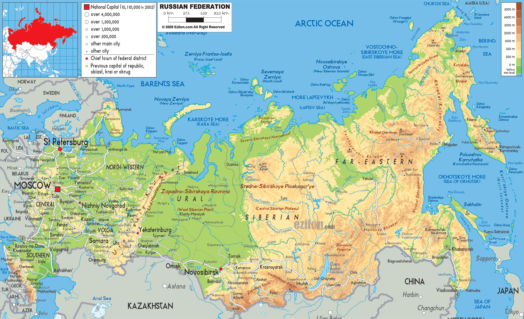 Большая подробная физическая карта России со всеми дорогами, городами и ...