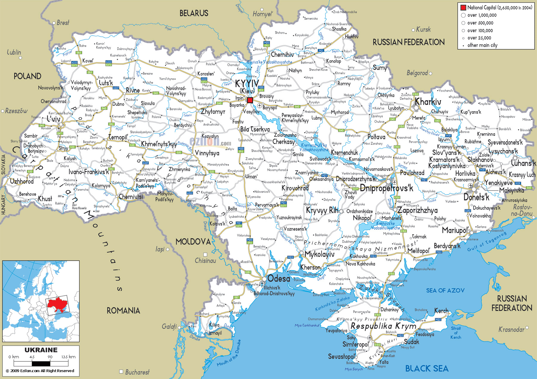 Большая детальная карта автомобильных дорог Украины со всеми городами и