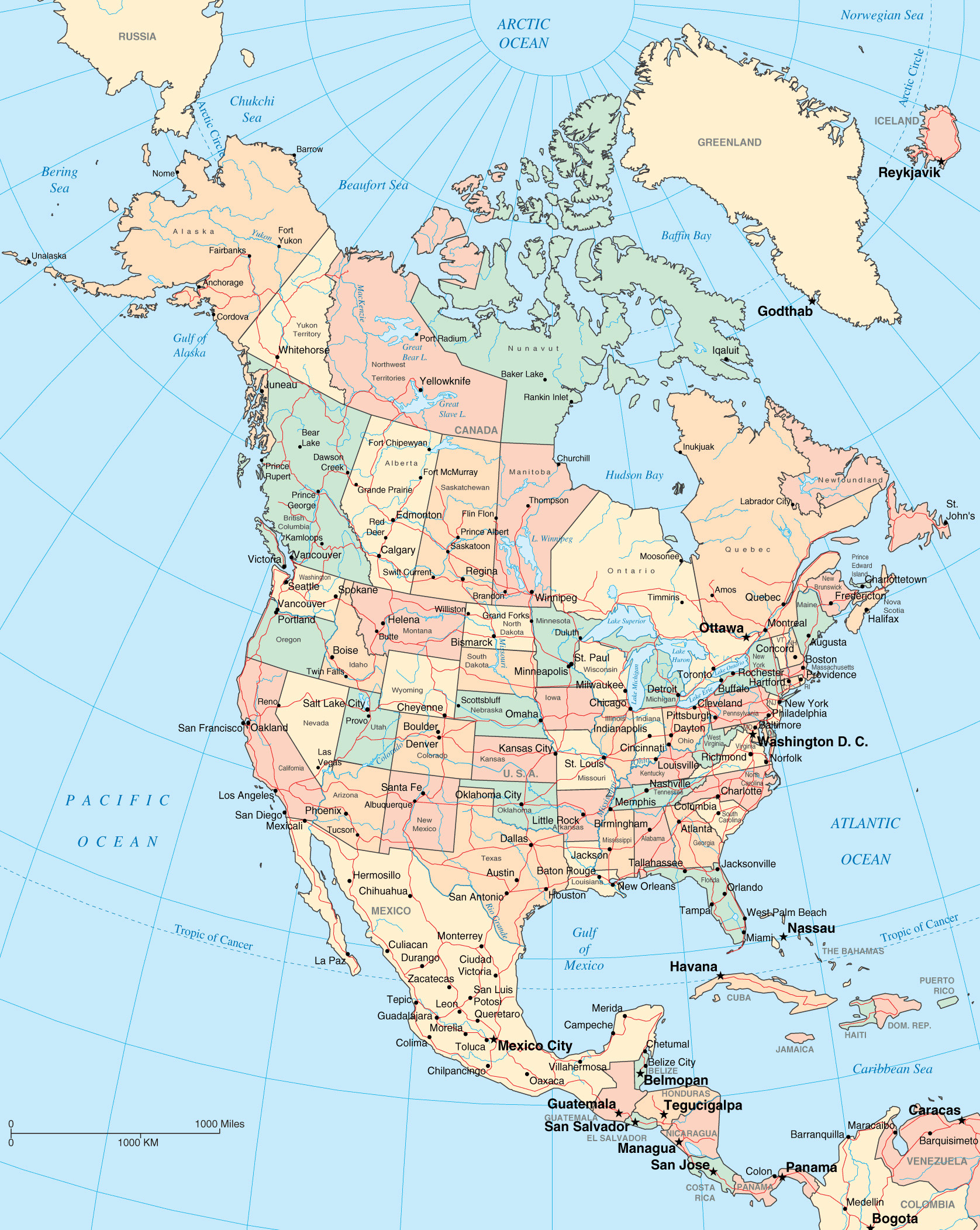 Большая подробная политическая и административная карта Северной Америки