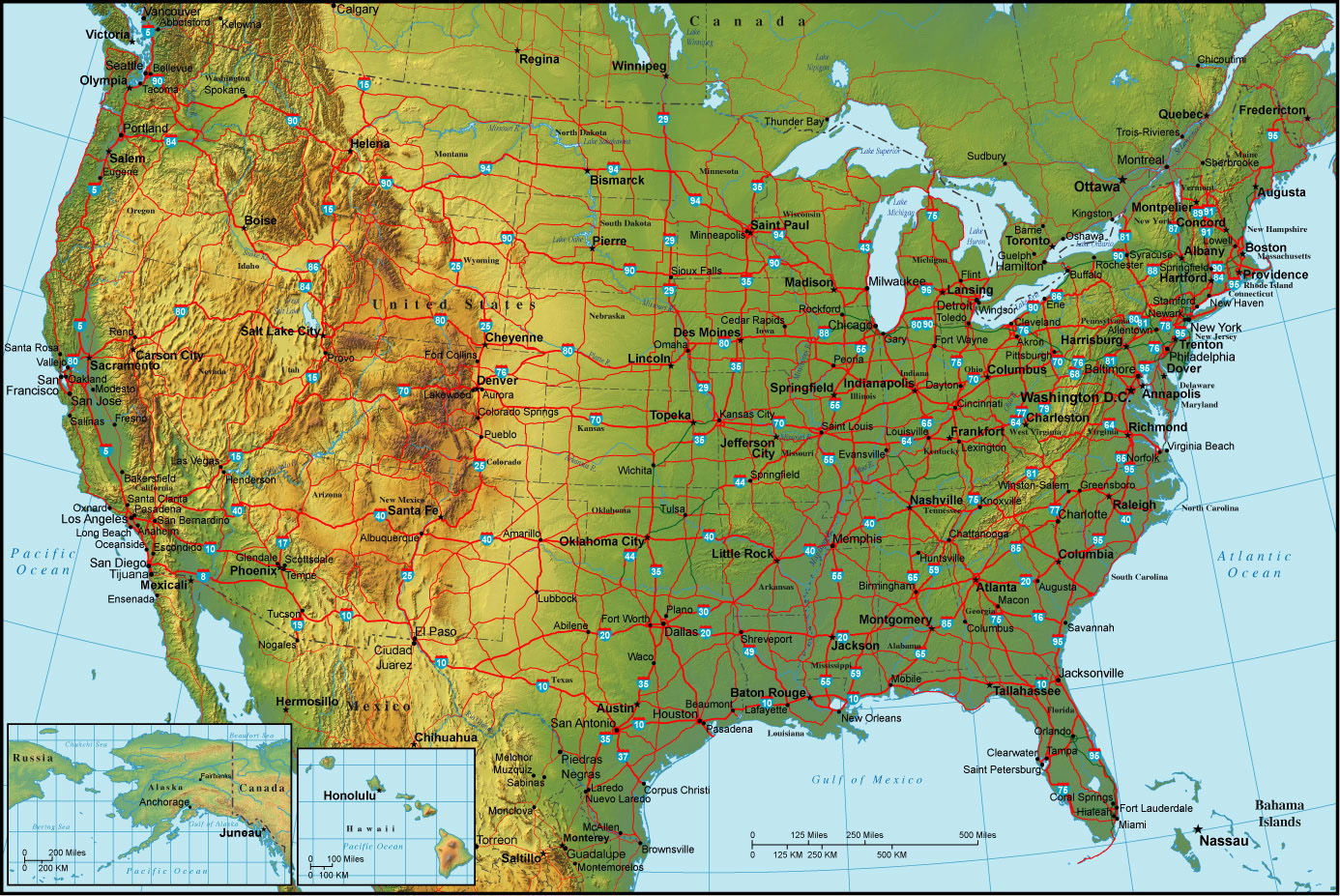 Подробная топографическая карта США. Соединенные Штаты Америки – детальнаятопографическая карта