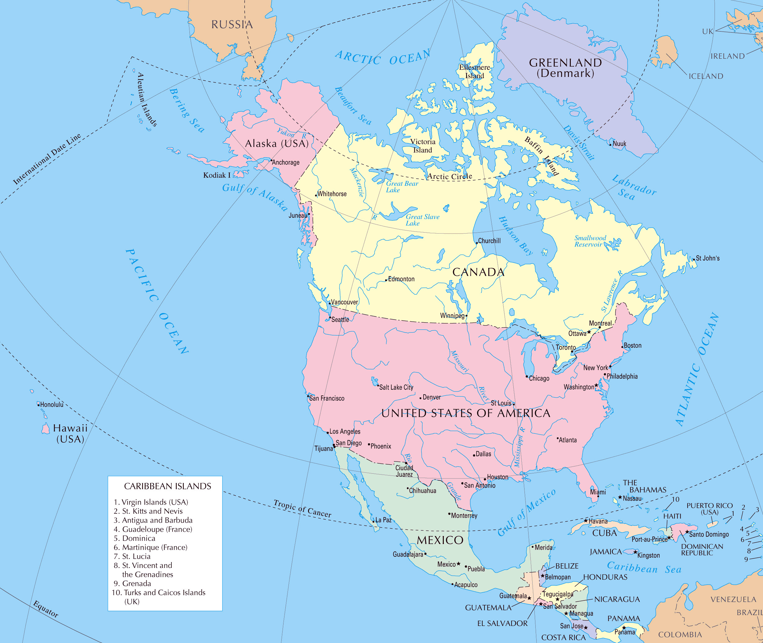 Северная Америка – подробная политическая карта со столицами. Большаядетальная политическая карта Северной Америки со столицами