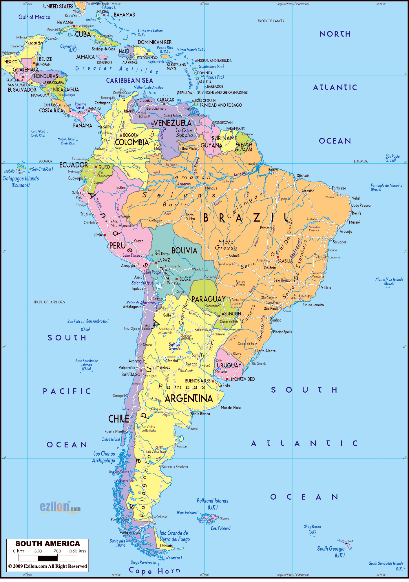 Большая подробная политическая карта Южной Америки с автомобильнымидорогами
