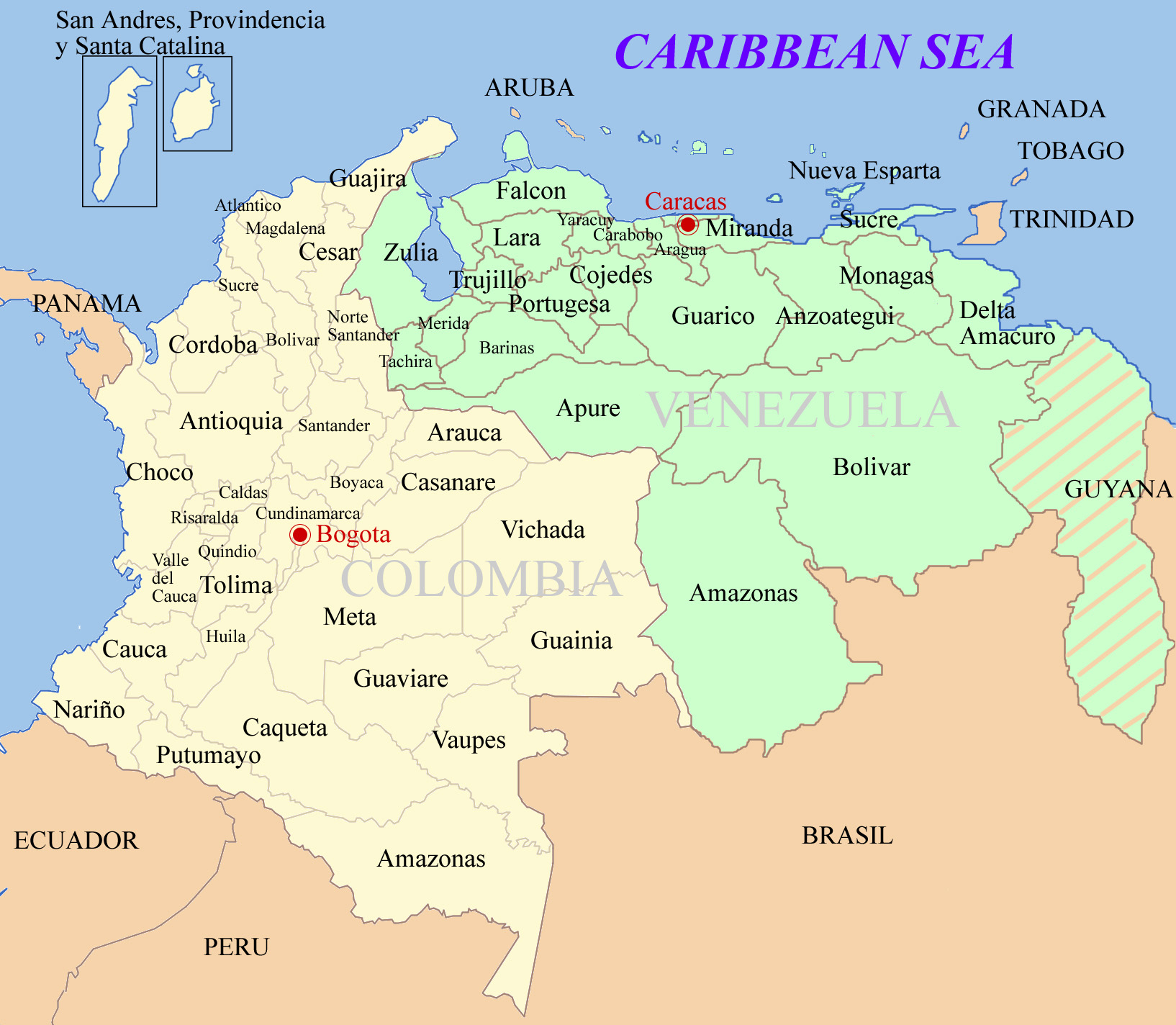 Детальная карта Колумбии и Венесуэлы. Колумбия и Венесуэла – подробная карта