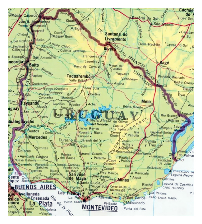 Детальная карта Уругвая с городами. Уругвай – подробная карта с городами