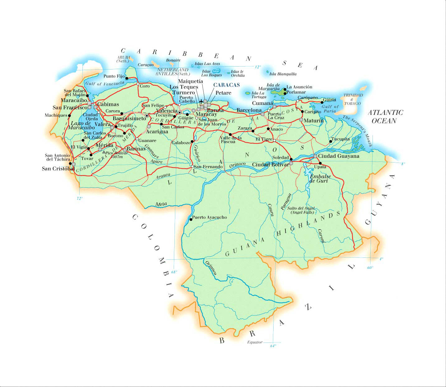 Большая подробная физическая карта Венесуэлы. Венесуэла – большая детальнаяфизическая карта